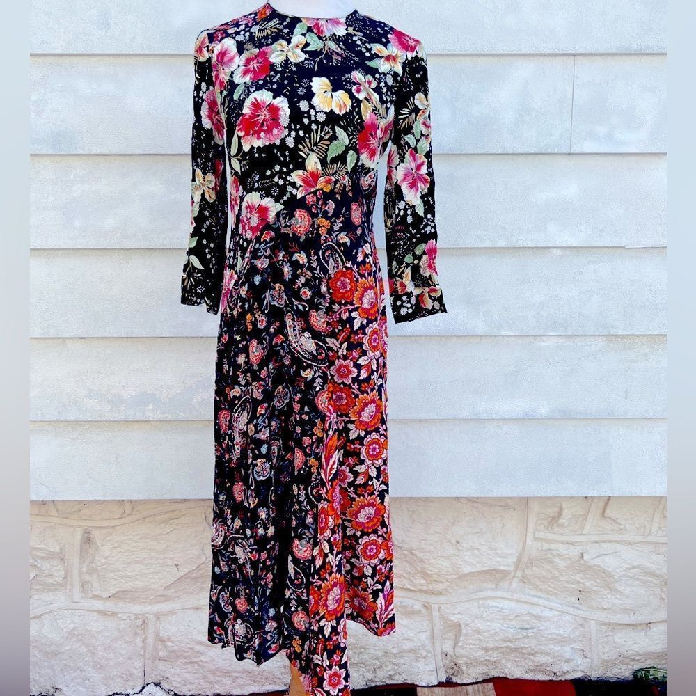 *** Zara Black Floral Boho Patchwork Midi Dress Small (F)